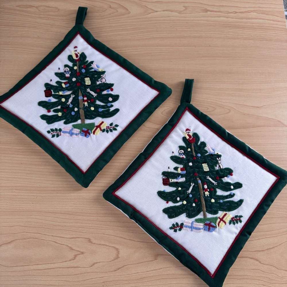 Vtg Linen Embroidered Potholders Christmas Tree Cottagecore Traditional 80s Nos